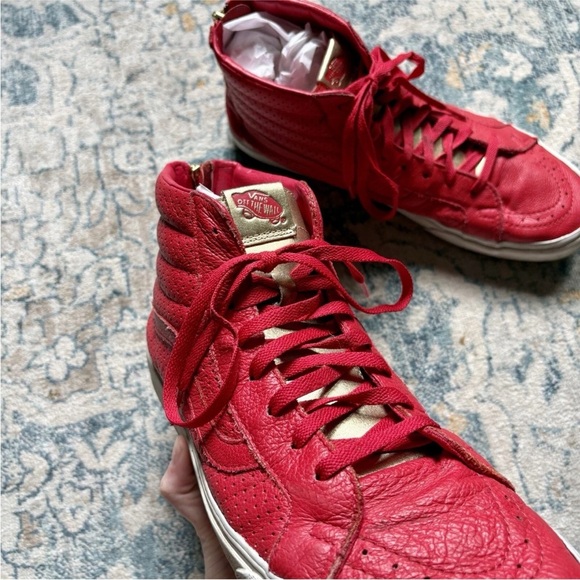 Vans Sk8 Hi Red & Gold Tongue Leather Shoes - Picture 2 of 9